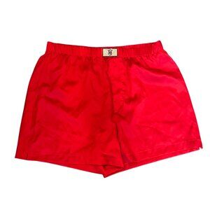 Victorias Secret Red Satin Boxer Shorts Womens Medium Rhinestone Logo Comfortabl